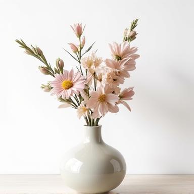 Un arreglo floral minimalista en un jarrón de cerámica.