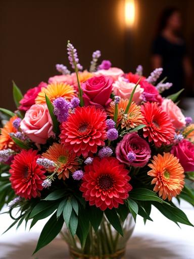 Centro de mesa vibrante con dalias y rosas para un evento corporativo.