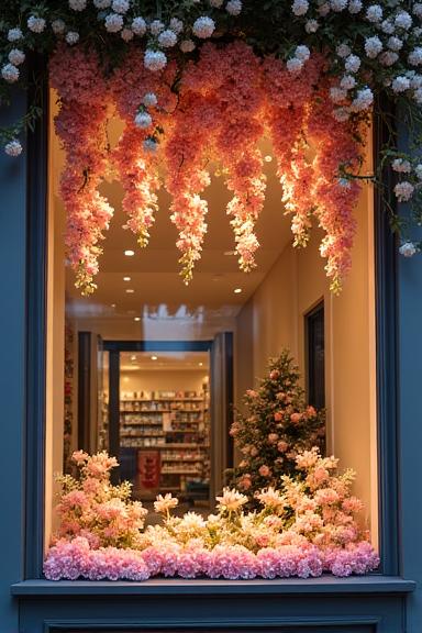 Escaparate de una tienda decorado con una instalación floral colgante.